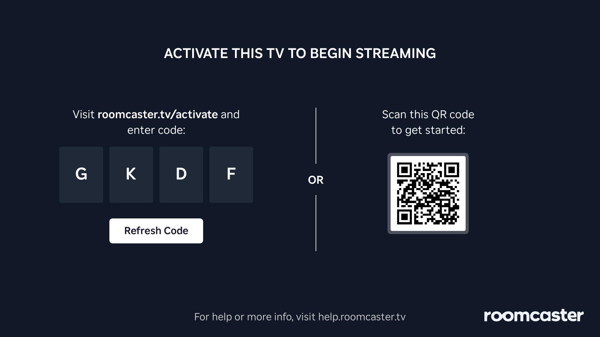 Roomcaster app showing an activation code on the TV