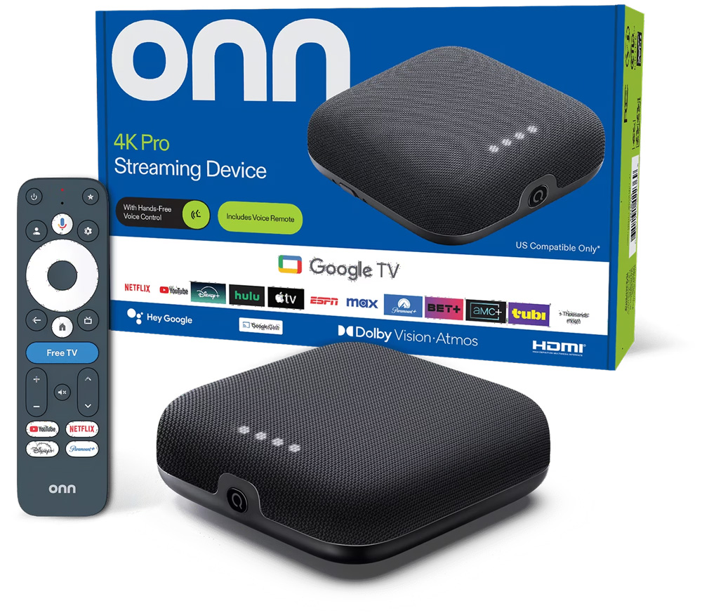 The Walmart onn. 4K Pro Google TV streaming box with remote — an inexpensive Google TV device