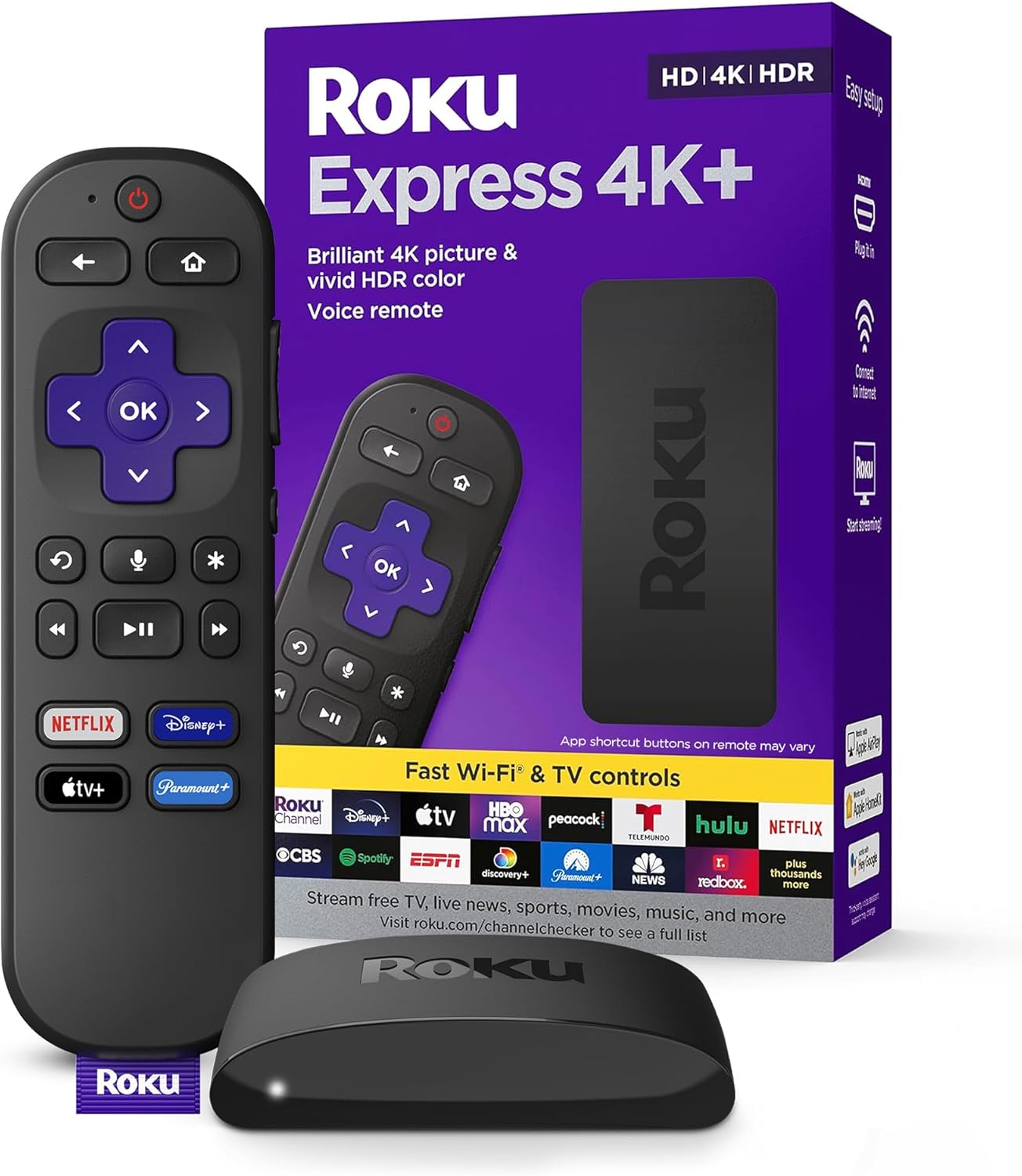 A Roku Express streaming device with its remote — a low-cost box that plugs into a TV's HDMI port