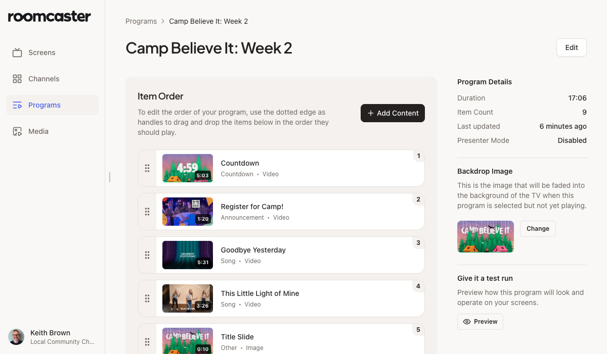The Roomcaster dashboard showing a program called Camp Believe It: Week 2 with its ordered list of videos